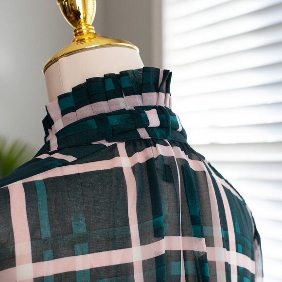 Cabi Cake Ruffle Blouse Style 3948 Plaid Pink Green Size L - Picture 5 of 16